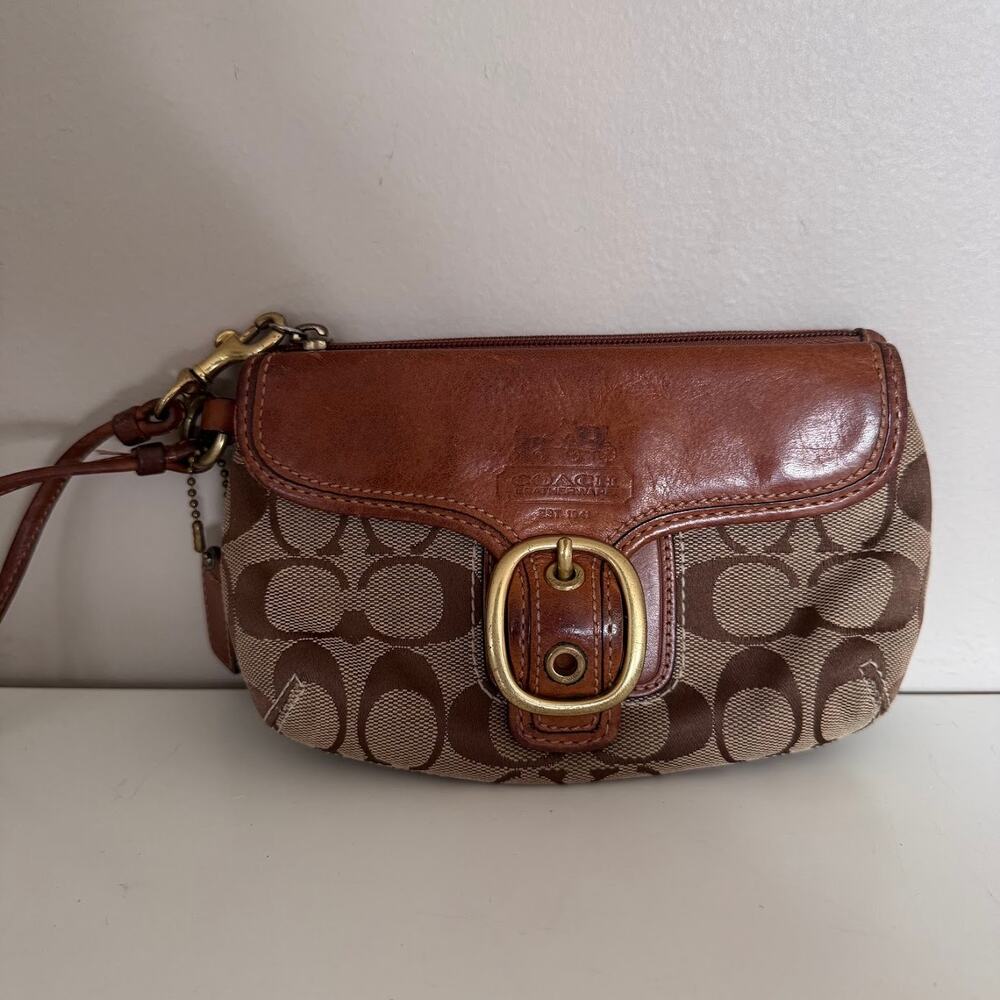 Coach Signature Jacquard Bleecker Buckle Wristlet Brown Leather Clutch Vtg Y2K